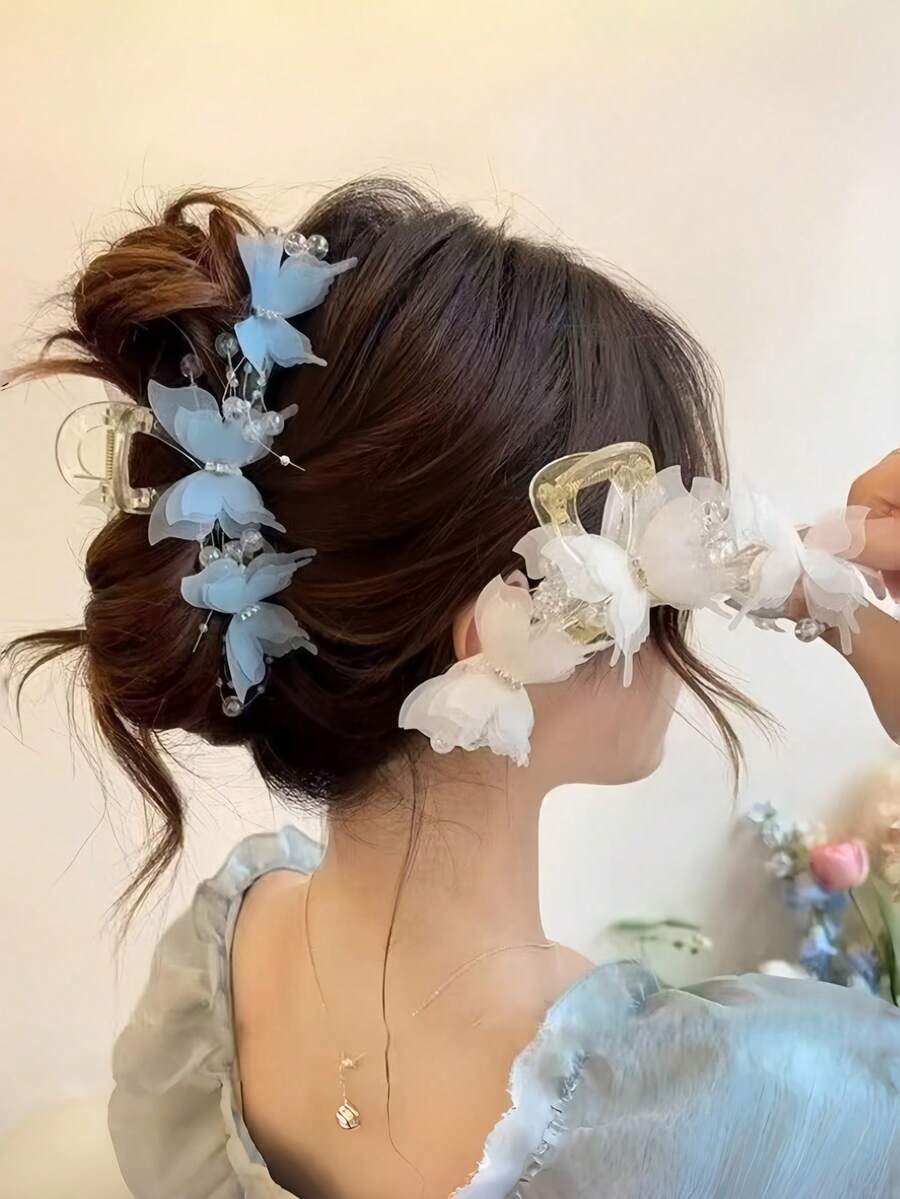1件新款女士网纱串珠蝴蝶超大爪形发夹,甜美头饰,适合拍照夏季服装发夹沙滩配饰夏季沙滩爪夹度假发夹 - 白色 - 查看 1