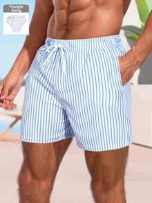 Zalmeno Men Vertical Striped Drawstring Waist Swim Trunks - Baby Blue - View 13