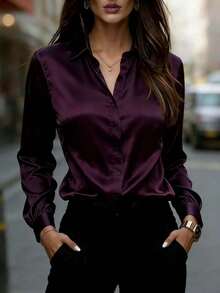 Blusa de satén de manga larga con cuello, blusa elegante de poliéster para primavera y vacaciones - Morado - Ver 4