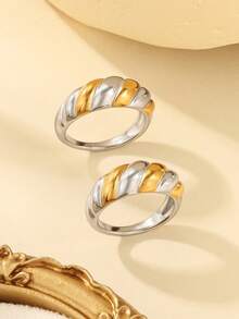 Bộ 2 chiếc nhẫn bằng thép không gỉ 304 mạ vàng và bạc, thích hợp để nữ giới đeo hàng ngày hoặc làm quà tặng, có trọng lượng vừa phải, chất lượng cao, không phai màu hay đổi màu. - vàng và bạc - Xem 2