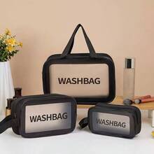 1pc Portable Transparent Travel Toiletry Bag - 3 Different Sizes Ladies Makeup Bag With Handle, Large Capacity Travel Cosmetic Bag Frosted Organizer Wash Bag - Black - View 6