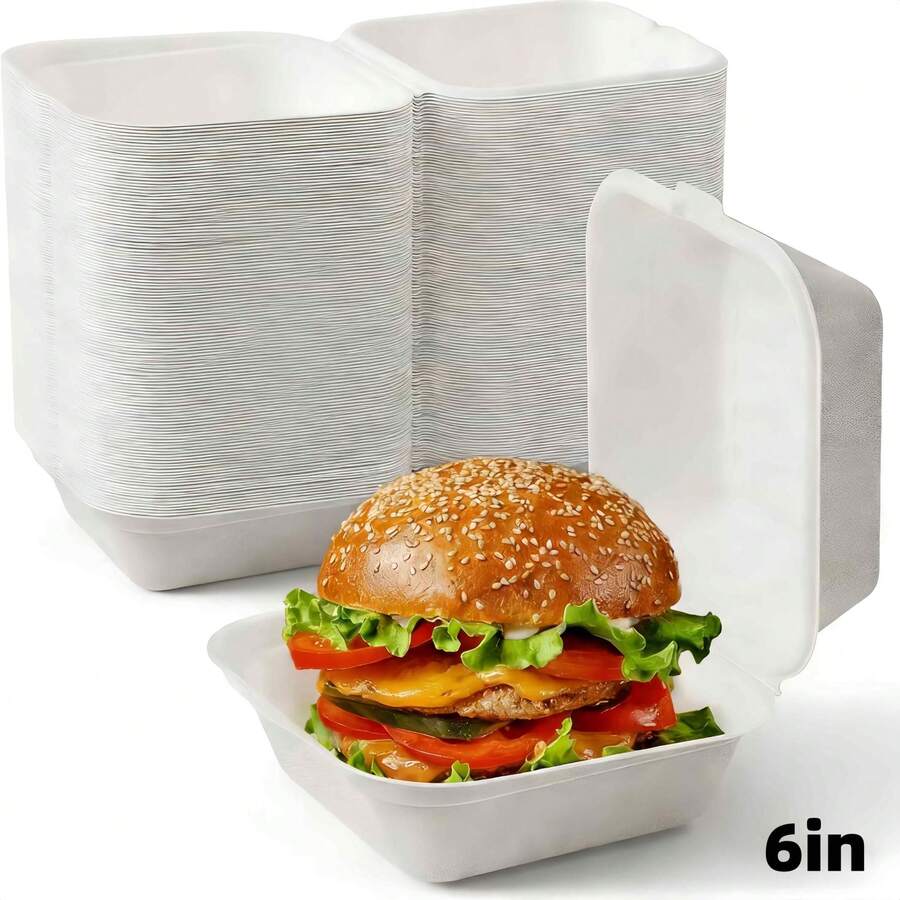 50個6英吋白色可堆肥食品翻蓋容器，便攜式容器，由甘蔗纖維製成，適用於午餐、便當、水果、蛋糕、慕斯、糖果、蔬菜等 - 白色 - 查看 1