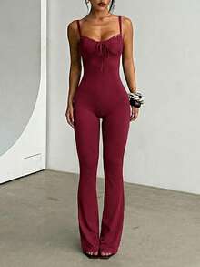 1pc Solid Color Knotted Lace Bralette Jumpsuit, Suitable For Vacation All Season - Burgundy - View 5