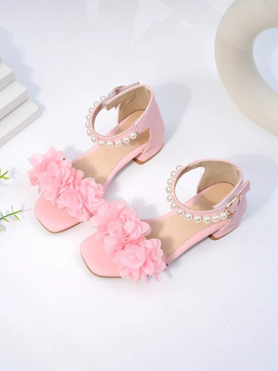 Giày sandal hoa cho bé gái, giày khiêu vũ trẻ em, kiểu dáng xuân/hè mới, sandal cao gót cho bé gái, sandal cổ lửng đính ngọc trai kiểu công chúa cho học sinh. - Hồng - Xem 1