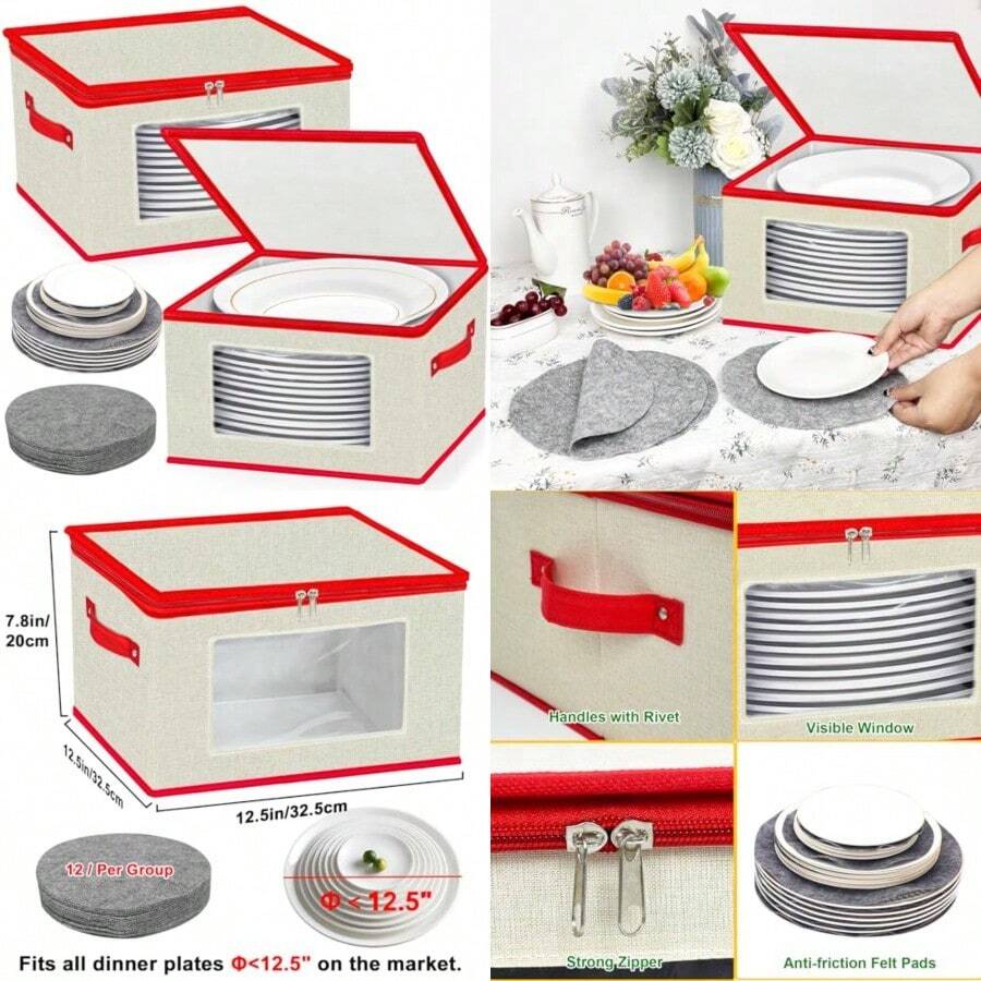 Homyfort China - Contenedores de almacenamiento de platos protectores de caja de almacenamiento para platos paquete de 2 unidades de 12 pulgadas con tapa y separadores de fieltro beige - Color limitado de Navidad - Ver 1
