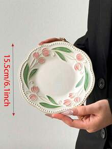 1 pieza Plato de cena con relieve floral estilo Ins, plato de servir para el hogar, plato de frutas, plato para cena a la luz de las velas, plato de regalo para fiestas - Multicolor - Ver 2