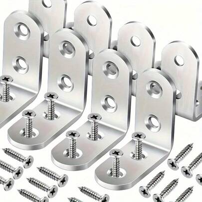 10pcs Stainless Steel L-Shaped Bracket Set (10 Brackets + 40 Screws), 3.99 X 3.99 Cm 90 Degree Angle, With Screws, Suitable For Wooden Shelves, Chairs, Tables