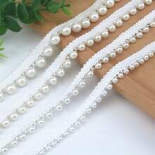 2 Yards White Pearl Beaded Lace Trim - Embroidered Fringe Ribbon For Sewing And Crafts, Elegant Clothing Accessory, Embroidered Lace Ribbon - Pearl Lace - View 1