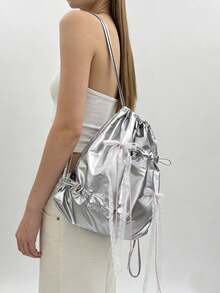 2026 New Fashion Silver Drawstring Backpack, Large Capacity Women Backpack With Polka Dot Drawstring, Suitable For Casual, Sports, Shopping - Silver - View 3
