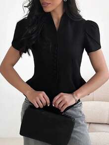 Women's Elegant Commuter Single-Breasted Asymmetric Hem Cinched Waist Short Sleeve Cardigan, Solid Woven Fabric Front Button Asymmetrical Vintage Office Casual Spring/Summer Black - Black - View 5