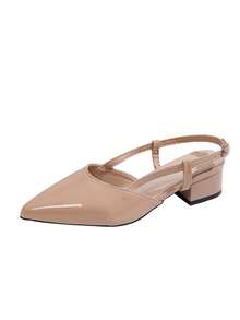 1 Pair Black Plus Size Women's High Heel Sandals, Soft Solid Color Shiny PU Fabric, Back Strap Buckle Design, Classic Pointed Toe Chunky Heel Wedge Sandals, Suitable For Women's Gatherings, Shopping, Travel, Vacation, Outdoor Wear, Spring/Summer New Style - Apricot - View 6
