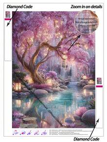 |5D DIY钻石画|梦幻樱花灯笼花园DIY钻石画套装，梦幻闪耀的粉色樱花树，宁静的倒影池塘，温暖的日式灯笼，营造出梦幻空灵的夜晚美感。手工装饰画，5D DIY刺绣马赛克艺术，享受动手乐趣，是送给朋友的理想礼物。 - 無框 - 查看 1