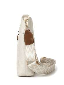 Fashionable Plaid Contrast Color Multi-Pocket Coin & Phone Pouch, Bohemian Adjustable Wide Strap Crossbody Or Shoulder Bag, PU Embossed Design Versatile - White - View 7
