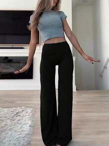 Pantalones acampanados ajustados de unicolor elegantes y modernos para el trabajo y el deporte para mujer, primavera - Negro - Ver 9
