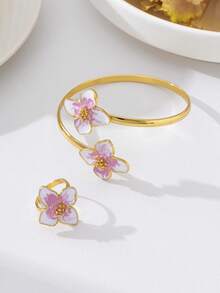 Set de 2 piezas de joyería con pulsera y anillo con diseño de flor de cuatro hojas en degradado de color, elegante y de moda, adecuado para uso diario, festivales, fiestas y vacaciones en la playa - 2 piezas/juego - Ver 7