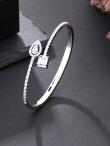 2 Peças Conjunto Ajustável de Anel e Pulseira Luxuoso e Minimalista com Design Assimétrico em Formato de Pêra Cintilante e Quadrado de Duas Cores, Versátil para Uso Diário, Festa, Casamento, Primavera, Presente de Bênção para Festivais - Fórmula de diamante zircônio em forma de lágrima brilhante - Visão 6