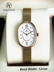 Pablo Raez 1件原裝18K金女款手錶，優雅不鏽鋼迷人手錶，全新AAA設計師奢華石英時尚手錶，金/銀色時尚白色錶盤羅馬數字刻度顯示，高品質熱門女款手錶，50M防水，重鋼編織手鍊鏈條，休閒簡約青少年可愛時鐘，適合日常生活/工作/派對裝飾，送給女孩、朋友或家人的精緻禮物，畢業典禮、生日、母親節禮物 - 均碼 - 查看 4