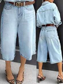 Women's Casual Bermuda Denim Shorts With Pockets, Zipper And Button Details, Slightly Stretchy Fabric, Suitable For Daily Wear Summer - Light Blue - 查看 2