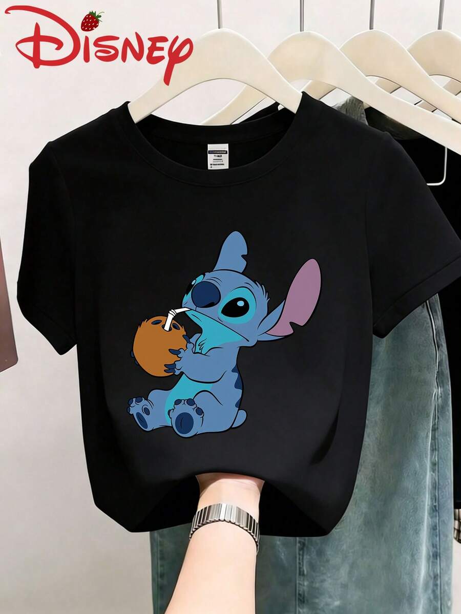 Disney Summer Clothing Stitch Drinking Coconut Cartoon Print, Pure Cotton Round Neck Slim Fit Short Sleeved T-Shirt, Suitable For Daily, Outdoor And Party Wear - 黑色 - 查看 1