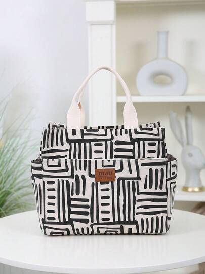 DLIU New Arrival, Corduroy Printed Fabric, Large Capacity Thick Tote Bag, Aluminum Foil Insulated Lining, Half-Zip Closure, Multi-Pocket Outdoor Storage Bag, Lunch Bag, Bento Box Bag, Tote Bag, Organizer Bag, Handbag, Back To School, Retro, Square Shape, Suitable For Work Lunch, Outdoor Picnic, Daily Storage