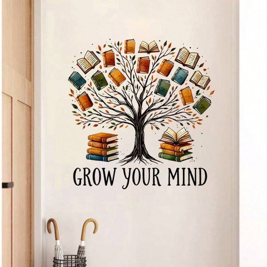 1pc Grow Your Mind Book Tree Wall Decals - Removable PVC Stickers Suitable For Rooms, Classrooms, Libraries - Semi-Gloss Compatible- Mental Growth Decoration - Wall Stickers - View 1