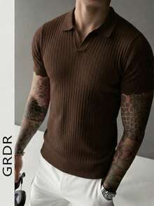 GRDR 男士夏季针织Polo衫，纯色短袖针织领，适合夏季外出穿着，时尚穿搭必备单品 - 棕色 - 查看 1