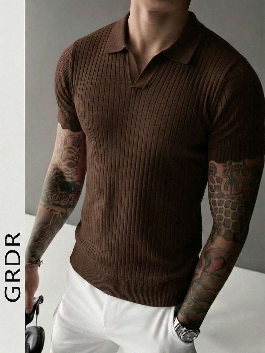 GRDR 男士夏季针织Polo衫，纯色短袖针织领，适合夏季外出穿着，时尚穿搭必备单品 - 棕色 - 查看 1