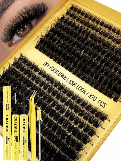 320 racimos, 16 filas, extensiones de pestañas DIY de 8-16 mm, estilo rizado D, extensión de racimo de pestañas 60D 80D 100D para uso doméstico DIY, racimos de pestañas, pestañas individuales, pestañas postizas, extra gruesas y esponjosas, aspecto natural, kit reutilizable de extensión de pestañas individuales con herramientas de maquillaje, adhesivo y sellador, pinzas para pestañas y 2 cepillos para pestañas para uso personal en casa o en movimiento para la vida diaria, bodas, citas, fiestas, viajes y días de primavera