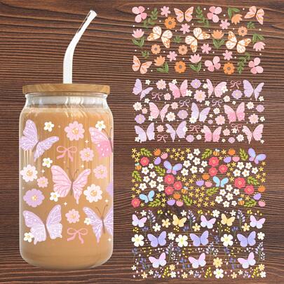 Adesivos UV DTF para copos de vidro de 473 ml com estampa de borboletas em tons pastel, flores coloridas e abelhas; Adesivos UV DTF para copos de vidro, garrafas e canecas com estampa de borboletas e flores; Adesivos UV DTF impermeáveis com estampa floral boho de borboletas para decoração de laptops e artesanato DIY; Adesivos UV DTF para garrafas de água; Presente ideal para amigas e meninas.