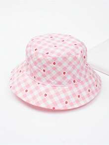 1pc Baby Sun Hat With Plaid & Strawberry Print Pattern, Suitable For Outdoor Hiking And Beach Activities - Pink - View 3