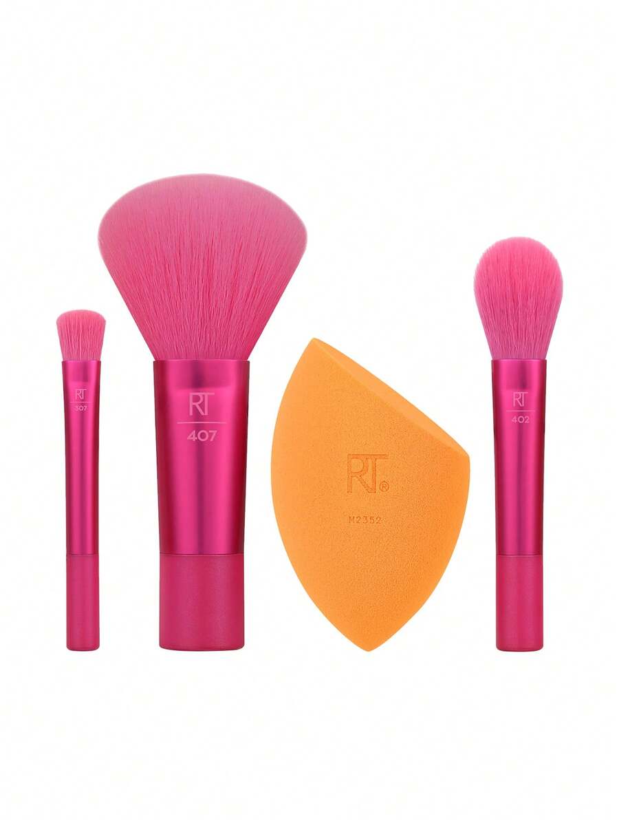 Real Techniques限量版迷你假日化妆刷+海绵套装，化妆刷和美妆海绵套装，适用于粉底、散粉和眼影，旅行化妆工具，4件套礼盒装 - 玫紅色 - 查看 1