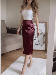Burgundy Satin Elegant High-Waist High-Slit Button Decor Fitted Skirt Spring - Burgundy - View 5