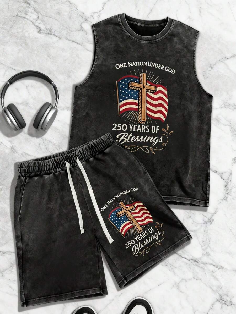 Two-Piece Set  Cotton Men's Vest Set Unisex Graphic Set One Nation Under God   250 Years Of Blessings Funny Graphic Tee 2026 Men's Set For WORLD CUP - 黑色 - 查看 1