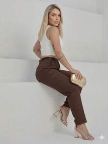 Women's High-Waisted Tailored Trousers With Belt | Elegant Formal Trousers With Pocket And Side Zipper - 鏽棕色 - 查看 2