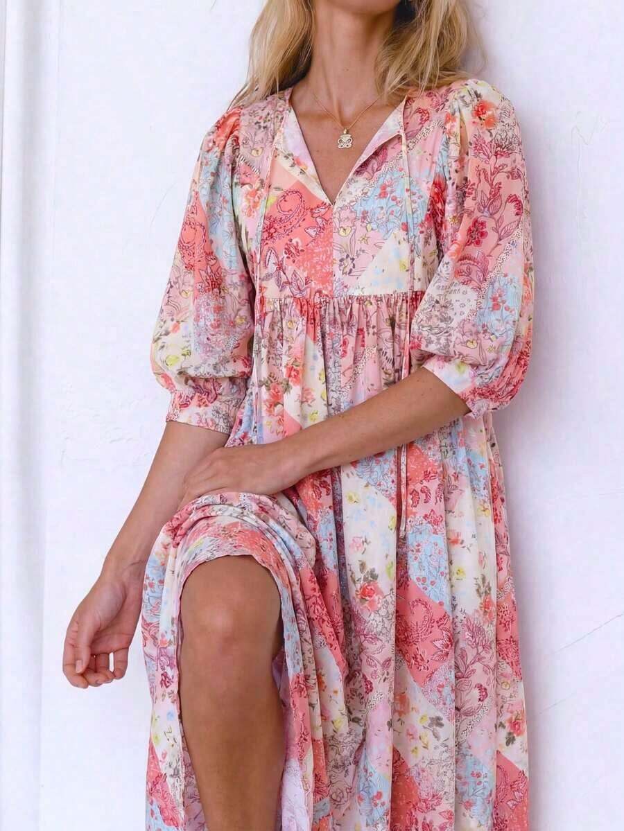 Women's Bohemian Style Lantern Sleeve Dress, V-Neck Tie Waist Pocket Patchwork Print Dress, Fashion Party Outfit For Valentine's Day Pink Vacation Elegant Spring - 粉色 - 查看 1
