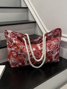 Summer Fresh Red Palm Leaf Tote Bag, Large Capacity Linen Rope Handbag, Beach Vacation Shoulder Bag, Commuting Crossbody Bag - Green - View 9