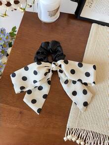 1pc Women's Black & White Polka Dot Bow Scrunchie, Satin Ribbon Ponytail Holder, Elegant Hair Accessory,Summer,Holiday,Travel Hair Elastics Hair Rubber Bands Hair Rope,Festival,Party - Multicolor - View 5
