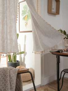 2pcs Linen Tassel Solid Color Retro Curtain, Rod Pocket Design, Suitable For Living Room And Bedroom - Sheer And Filtering Curtain (Tie Backs Not Included) - Multicolor - View 4