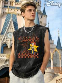 Disney Toy Story Woody 1995 Officially Licensed Men's Sleeveless Graphic Tee, 100% Cotton 230g Washed Vintage Streetwear Shirt - 黑色 - 查看 3