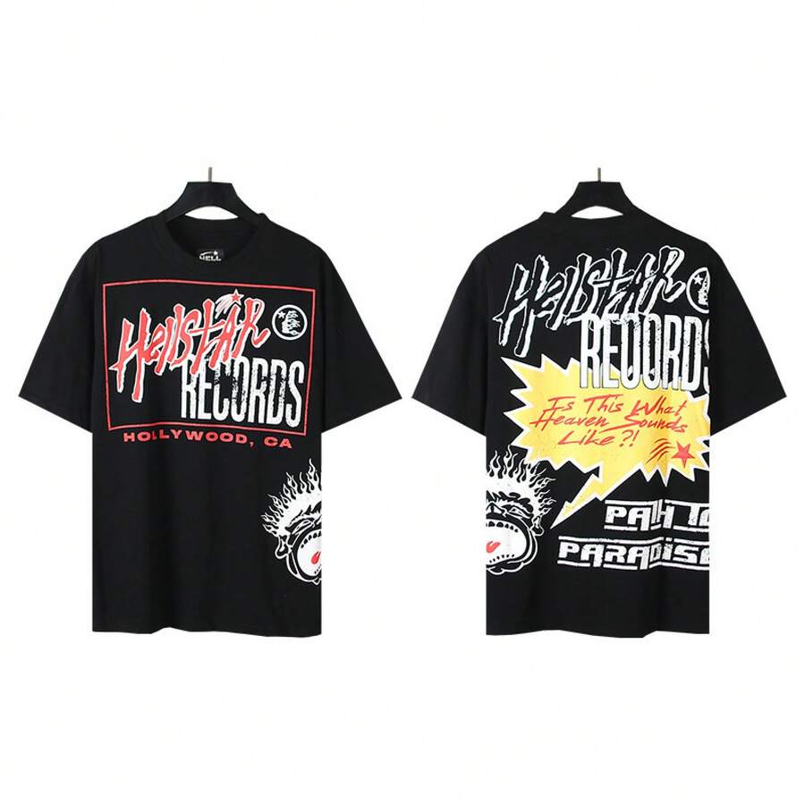 HellST Vintage Streetwear T-Shirt, 100 Percent Cotton Casual Loose Top, Unisex Couple Matching Tee - A780黑色 - 查看 1