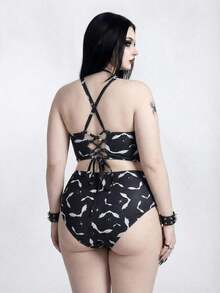 ROMWE Goth 2026 New Summer Beach Vacation Casual Punk Bat Animal Print Sexy Plus Size Swimsuit Set - Multicolor - View 6