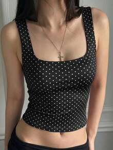 Daleeva Top corto de mujer de color liso con lunares, top casual de moda sexy de ajuste ceñido, estilo universitario, ropa de calle elegante en negro - Negro - Ver 2