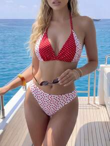 2026 Summer New Women's Fashion Red & White Polka Dot Patchwork Print Halter Triangle Cup Bikini Set, Retro Sweet Girl Style Triangular Briefs Swimsuit 2pcs, Suitable For Beach, Hot Spring, Vacation - Multicolor - View 8