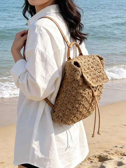 Rucsac de paie croșetat pentru femei, stil boho, rucsac din ratan țesut manual cu șnur, geantă de umăr pentru vacanță la plajă de vară, pentru călătorii, cumpărături și zilnic