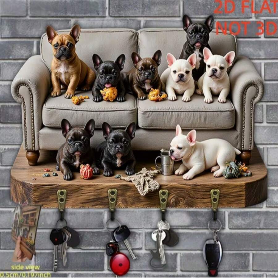 法国斗牛犬家庭壁挂式钥匙架,带4个挂钩,可爱狗狗钥匙收纳架,农舍风格钥匙架,适用于玄关、走廊、家居,是送给法国斗牛犬爱好者的理想礼物 - 彩色 - 查看 1