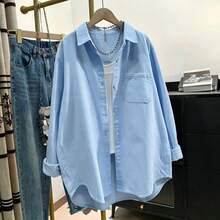 Women's Solid Color Pocket Front Button Casual Shirt Spring - Baby Blue - View 4