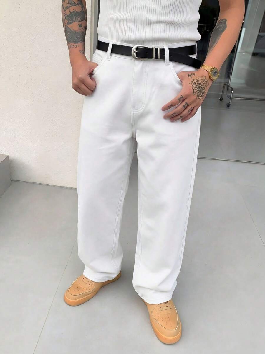 Quần jeans nam màu trắng dáng suông đơn giản, kiểu dáng rộng rãi, đa năng, thích hợp mặc đi làm, là item thời trang đường phố cho mọi mùa. - trắng - Xem 1