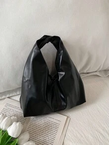 Fashionable Versatile Solid Color New PU Shoulder Bag, Casual Minimalist Textured Baguette Small Handbag For Women - Black - View 10