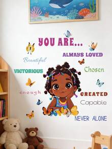 1pc Girls Butterfly English Wall Stickers Background Room Decor Self-Adhesive Wall Mural Kids Bedroom Decorations - Multicolor - View 2