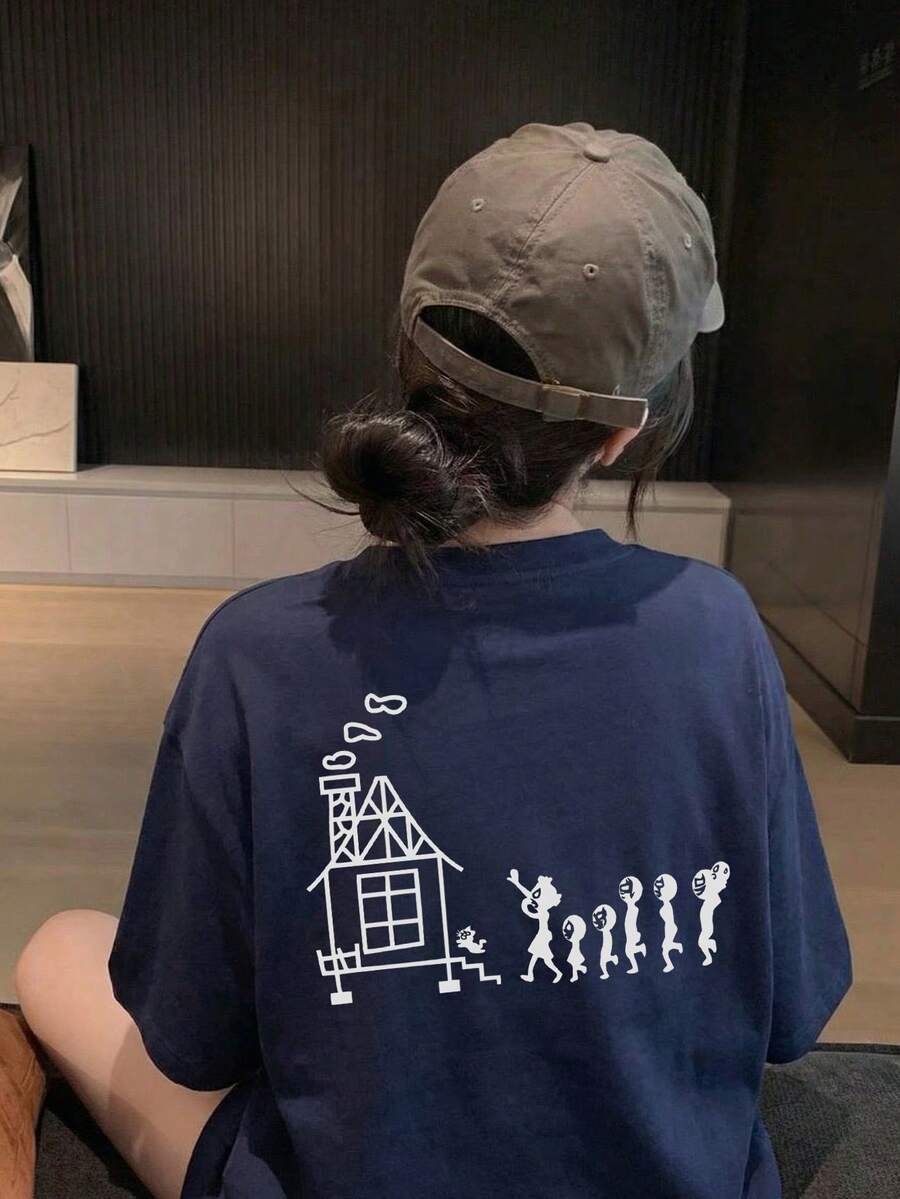 女士休闲宽松圆领卡通印花短袖T恤,适合春夏穿着 - 藏蓝色 - 查看 1